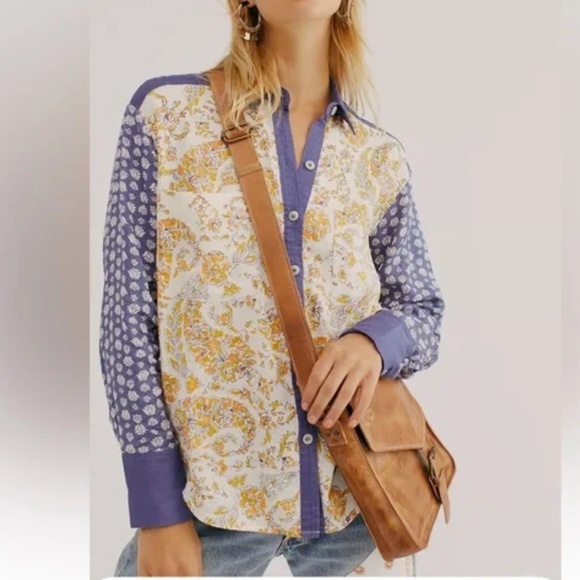 We The Free Moroccan Midnight Buttondown Top Navy Combo sz S NWT $128R - Picture 3 of 6